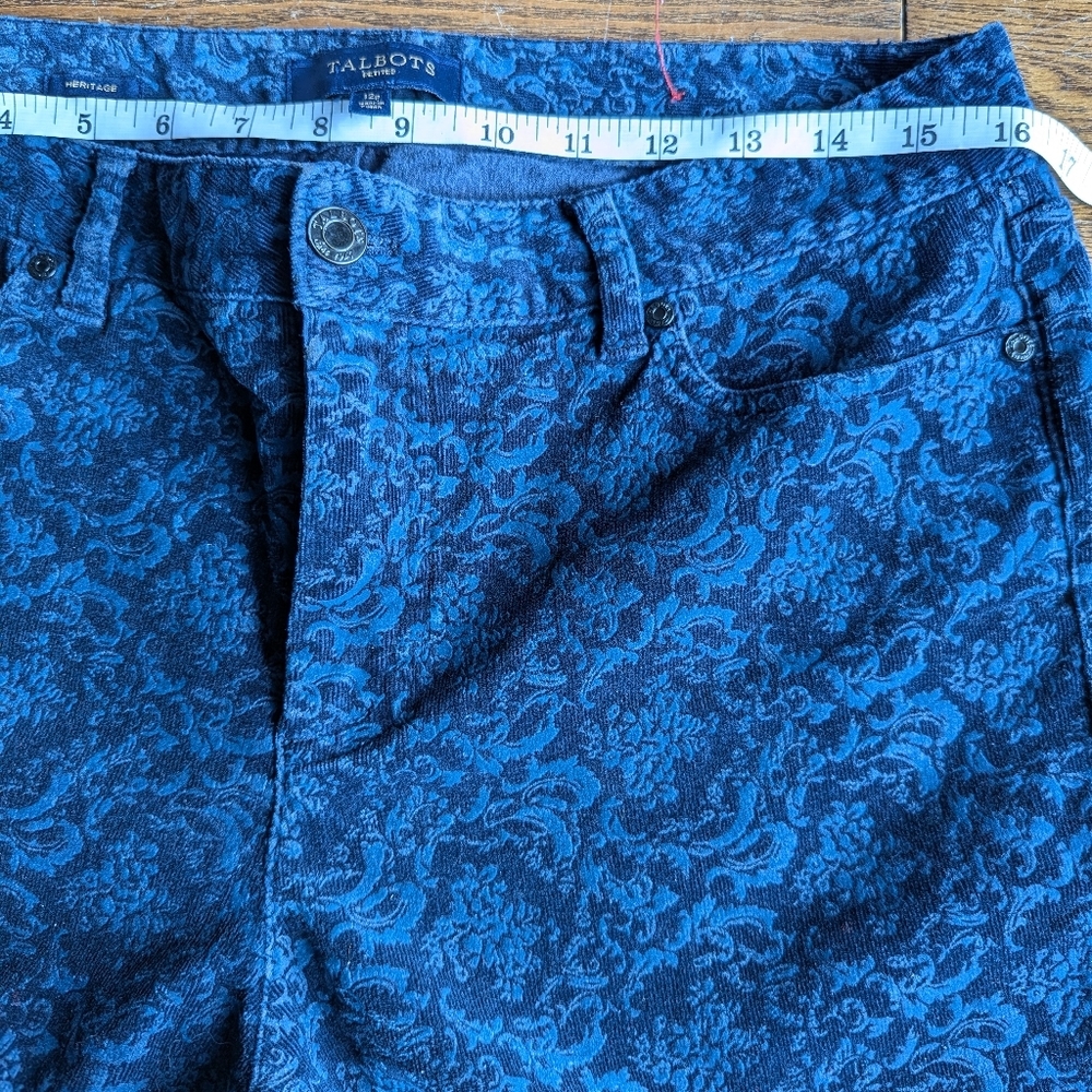 Talbots Petite Heritage Blue Velvet Burnout Corduroy Pants Womens Sz 12P Floral - Picture 9 of 12